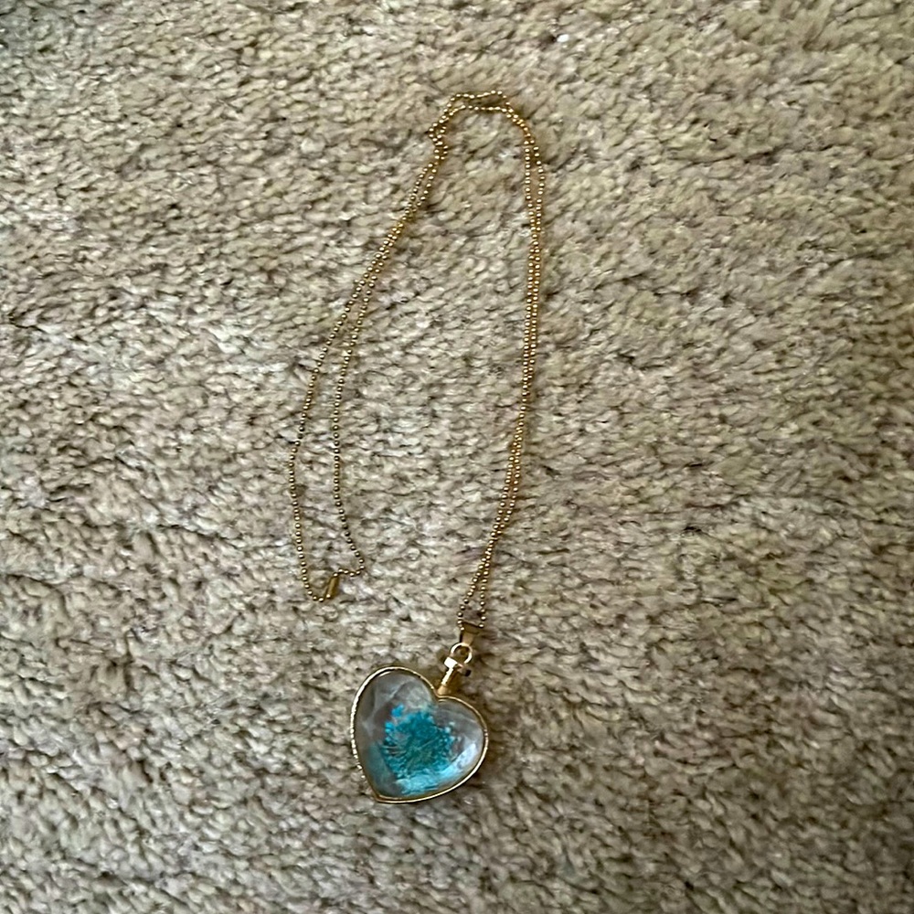 Gold Chain Pendant Heart Necklace with Clear Heart with Blue Flower Inside Heart